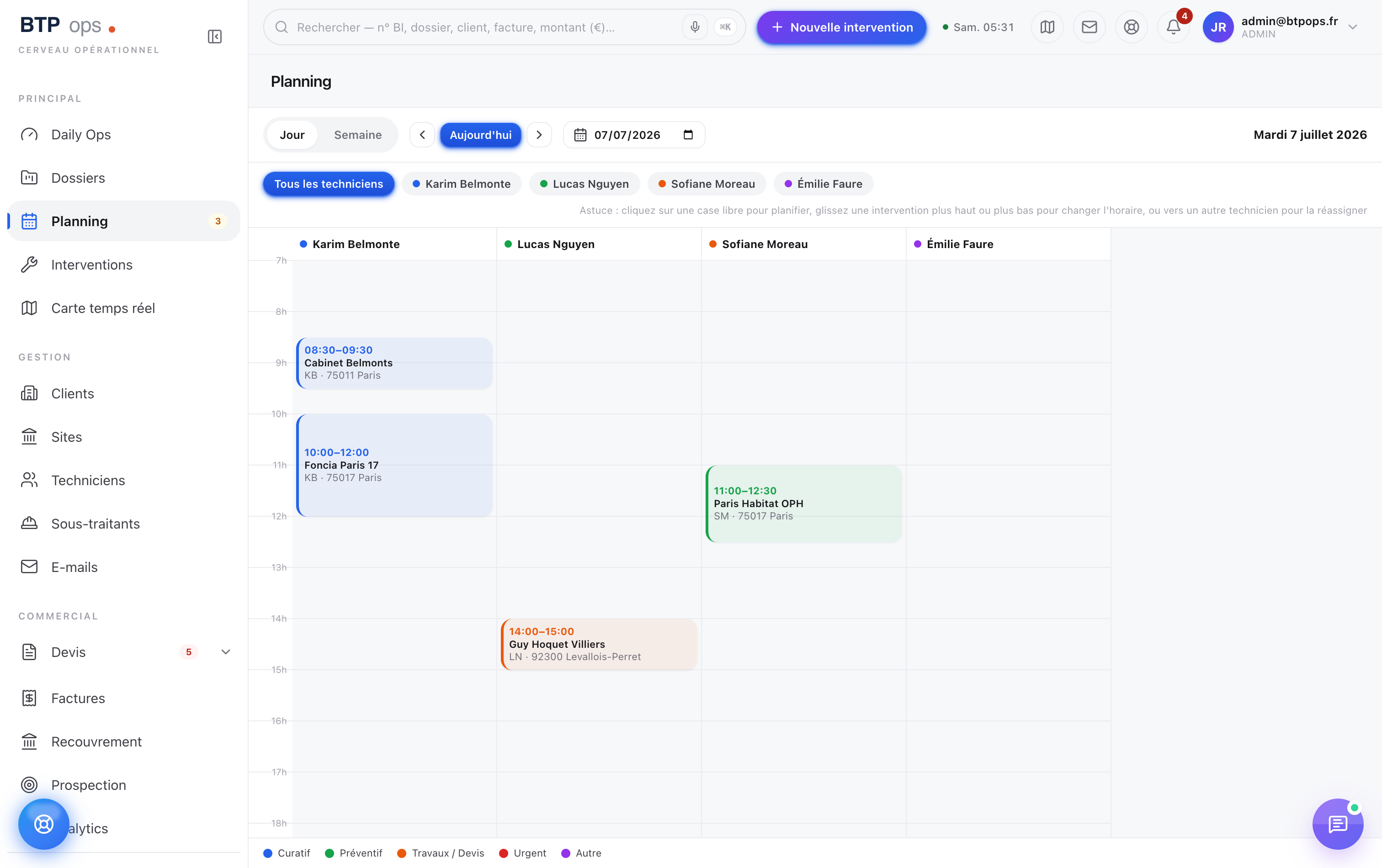 Planning admin, vue jour multi-technicien